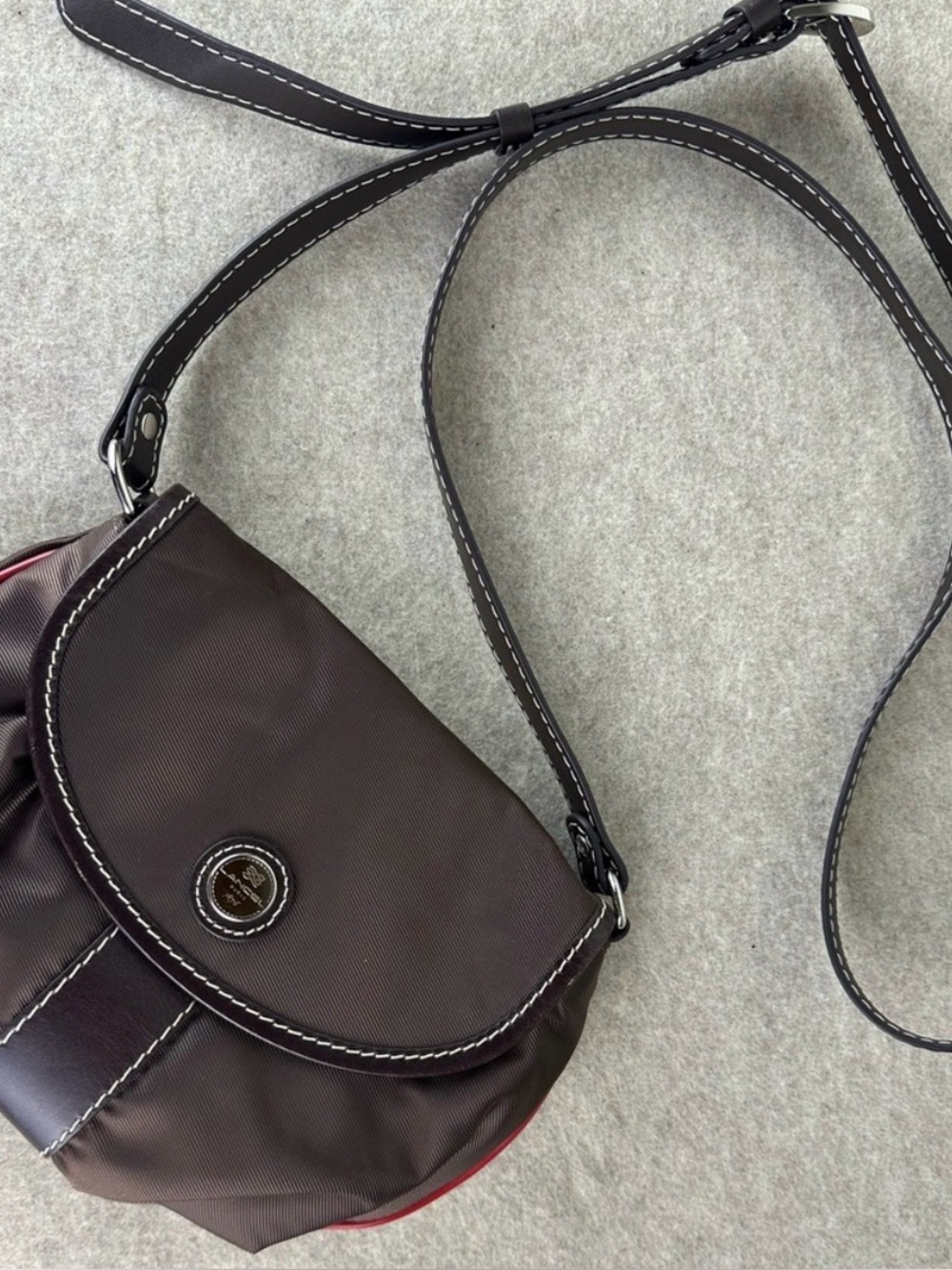 Lancel Crossbody Adjustable Straps Nylon with Leather Trim Brown Purse